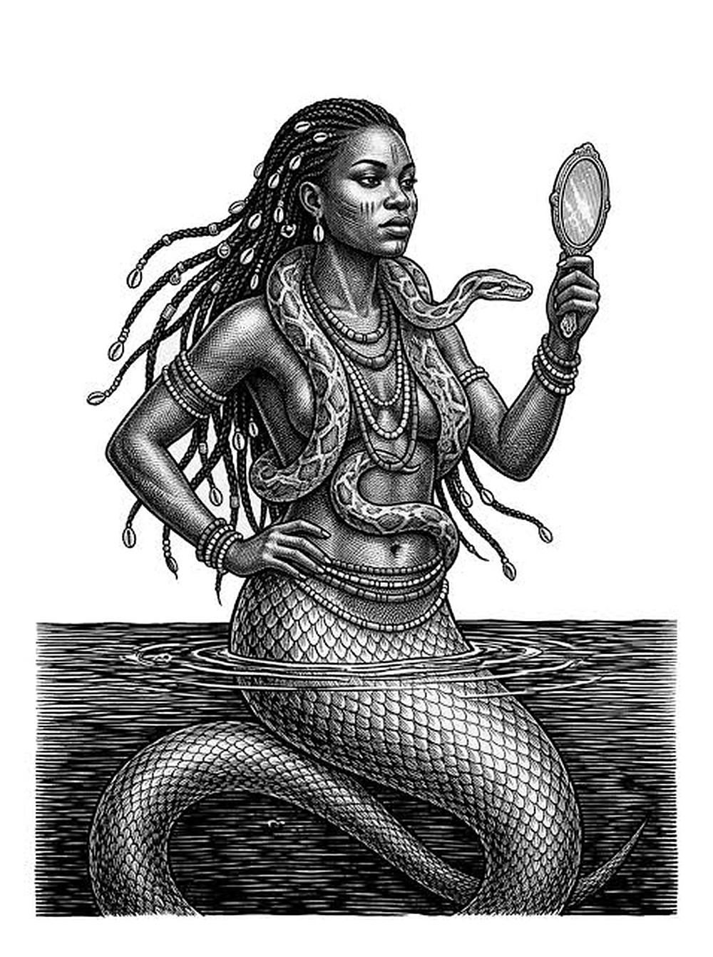 An artist's Mami Wata, with her snake and mirror